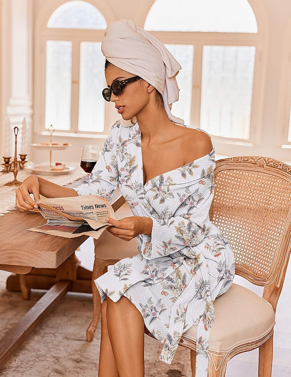 image:imageEkouaer Robes for Women Waffle Knit Kimono Bathrobe Loungewear with PocketsFloral White