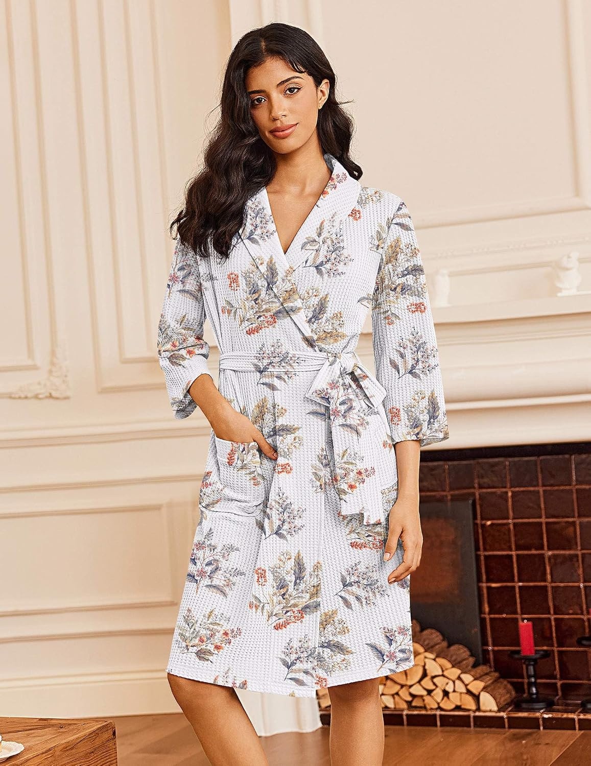 image:imageEkouaer Robes for Women Waffle Knit Kimono Bathrobe Loungewear with PocketsFloral White