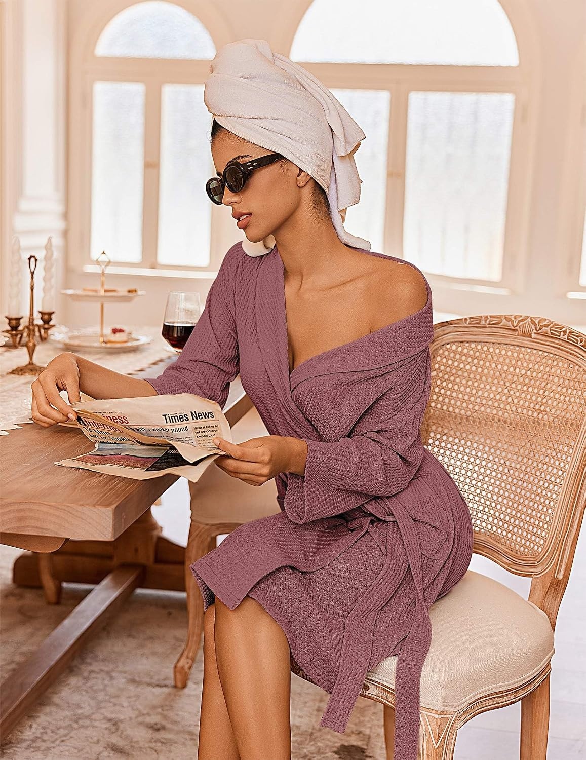 image:imageEkouaer Robes for Women Waffle Knit Kimono Bathrobe Loungewear with PocketsGray Purple