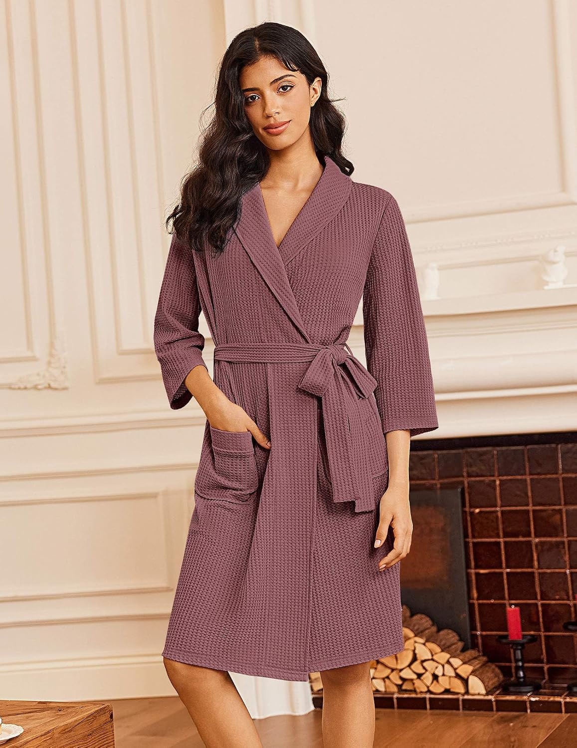 image:imageEkouaer Robes for Women Waffle Knit Kimono Bathrobe Loungewear with PocketsGray Purple
