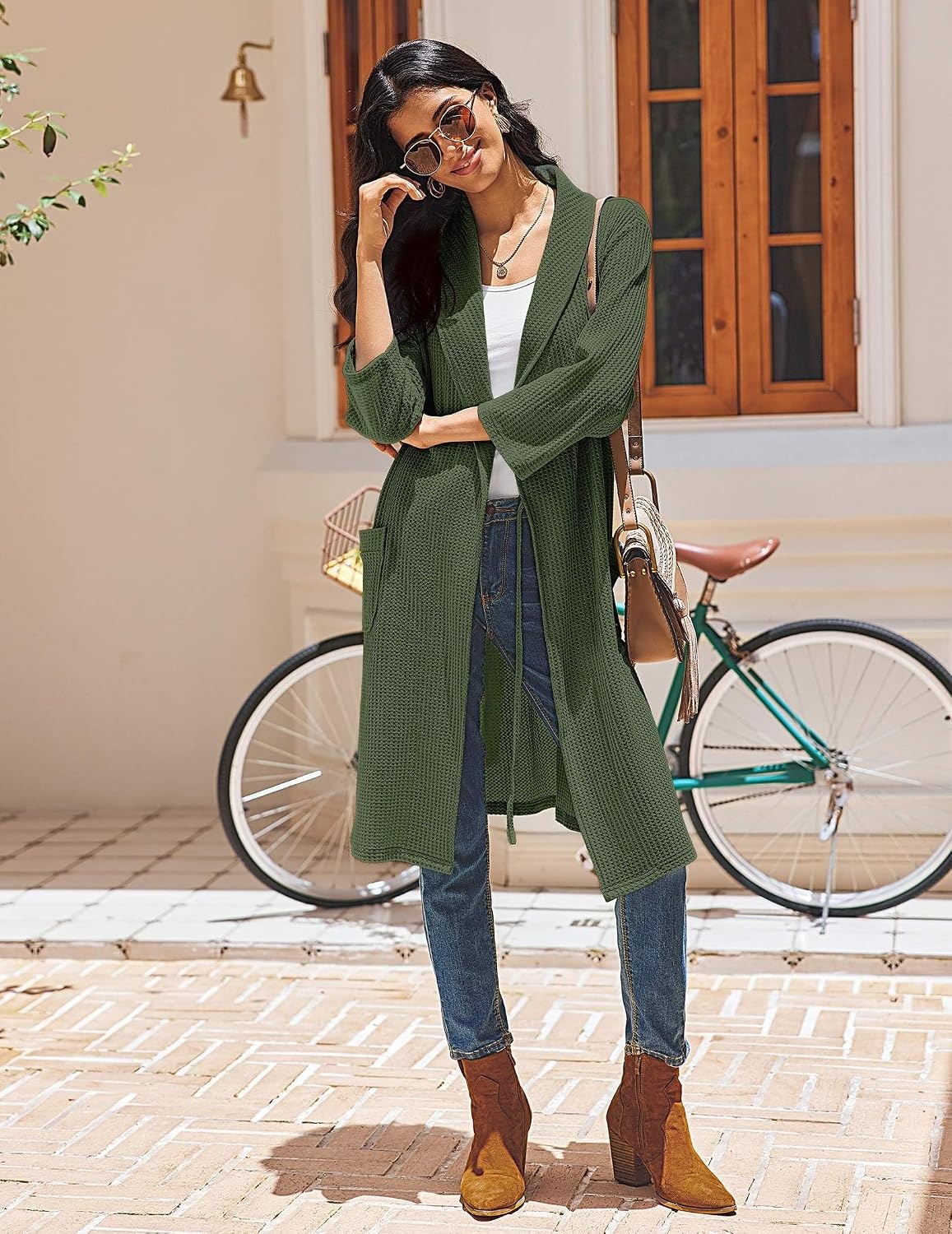 image:imageEkouaer Robes for Women Waffle Knit Kimono Bathrobe Loungewear with PocketsGreen