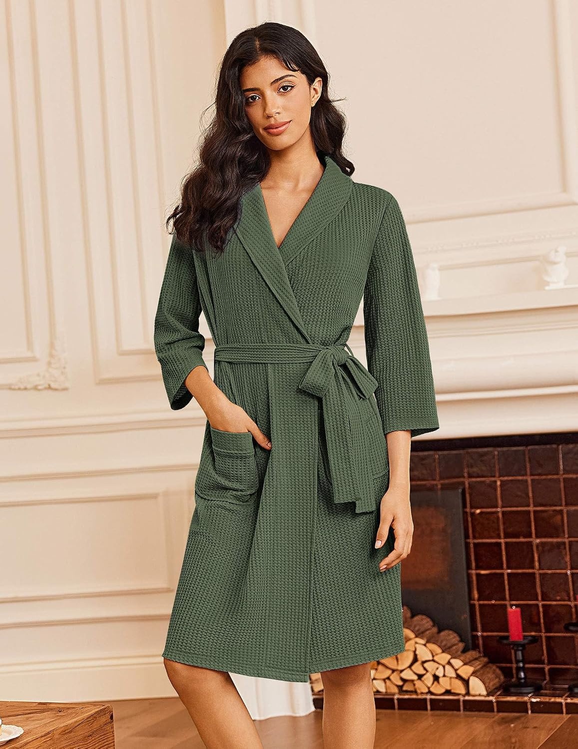 image:imageEkouaer Robes for Women Waffle Knit Kimono Bathrobe Loungewear with PocketsGreen