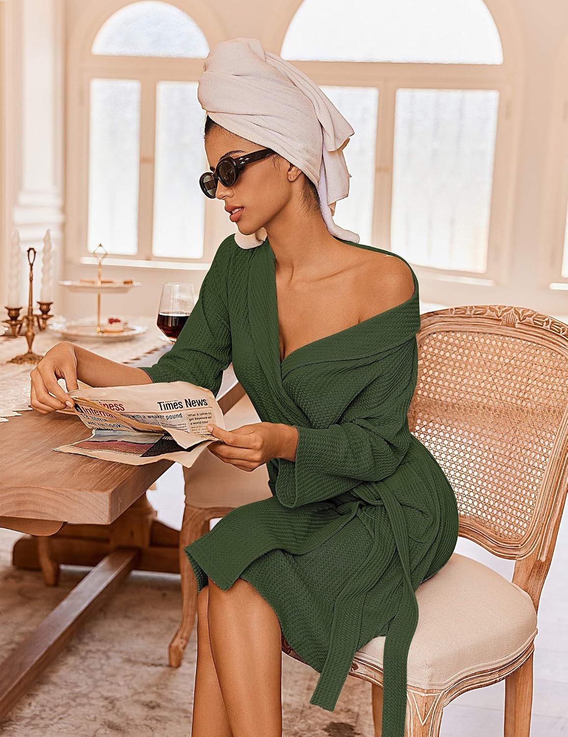 image:imageEkouaer Robes for Women Waffle Knit Kimono Bathrobe Loungewear with PocketsGreen
