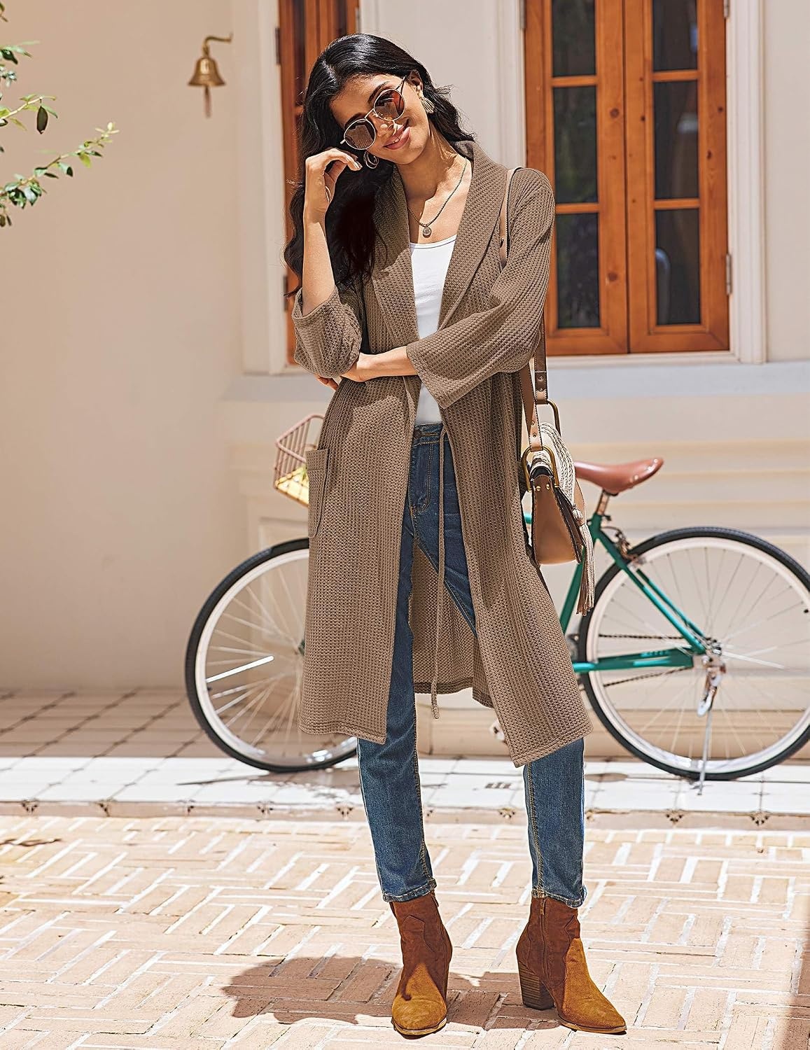 image:imageEkouaer Robes for Women Waffle Knit Kimono Bathrobe Loungewear with PocketsKhaki