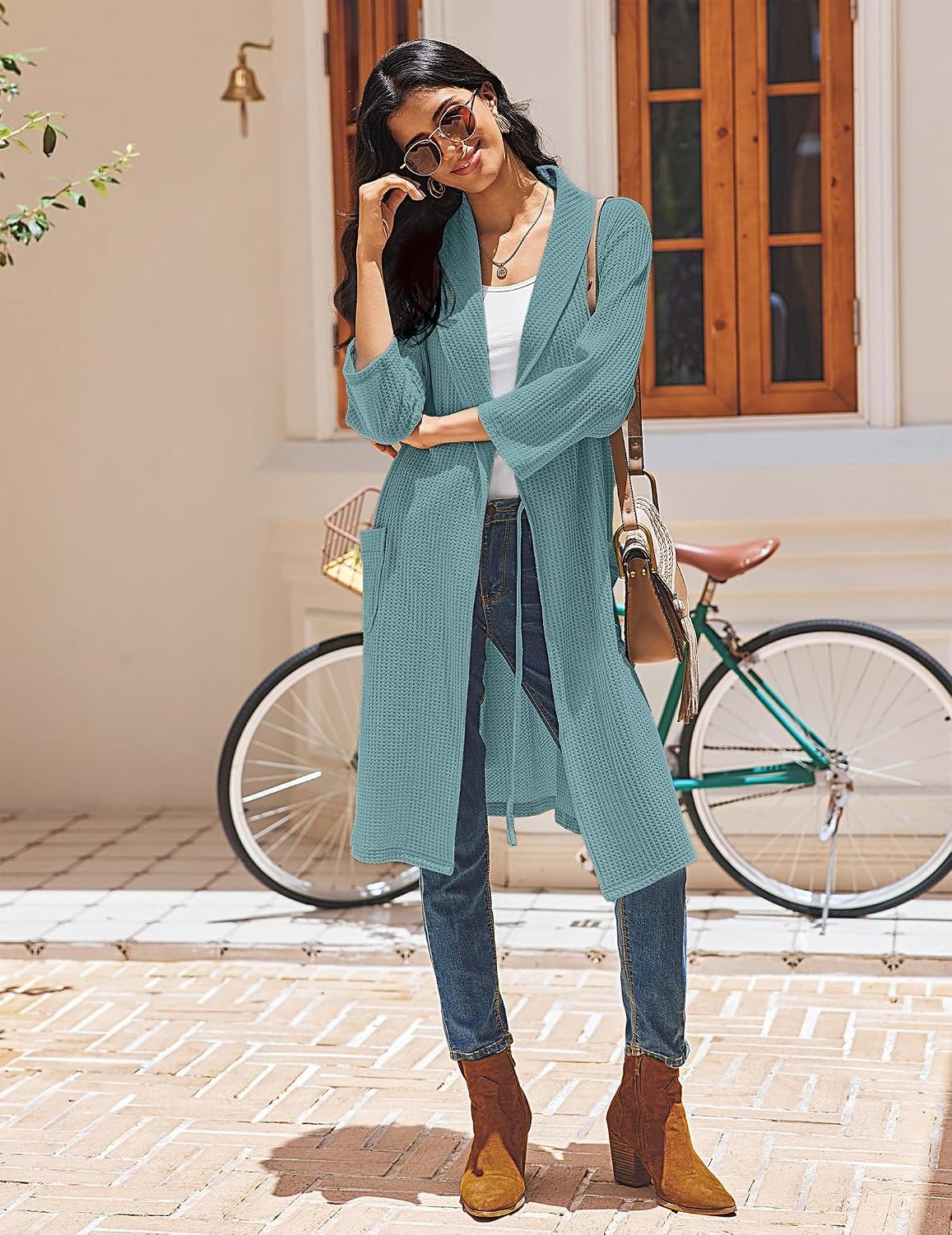 image:imageEkouaer Robes for Women Waffle Knit Kimono Bathrobe Loungewear with PocketsLight Green