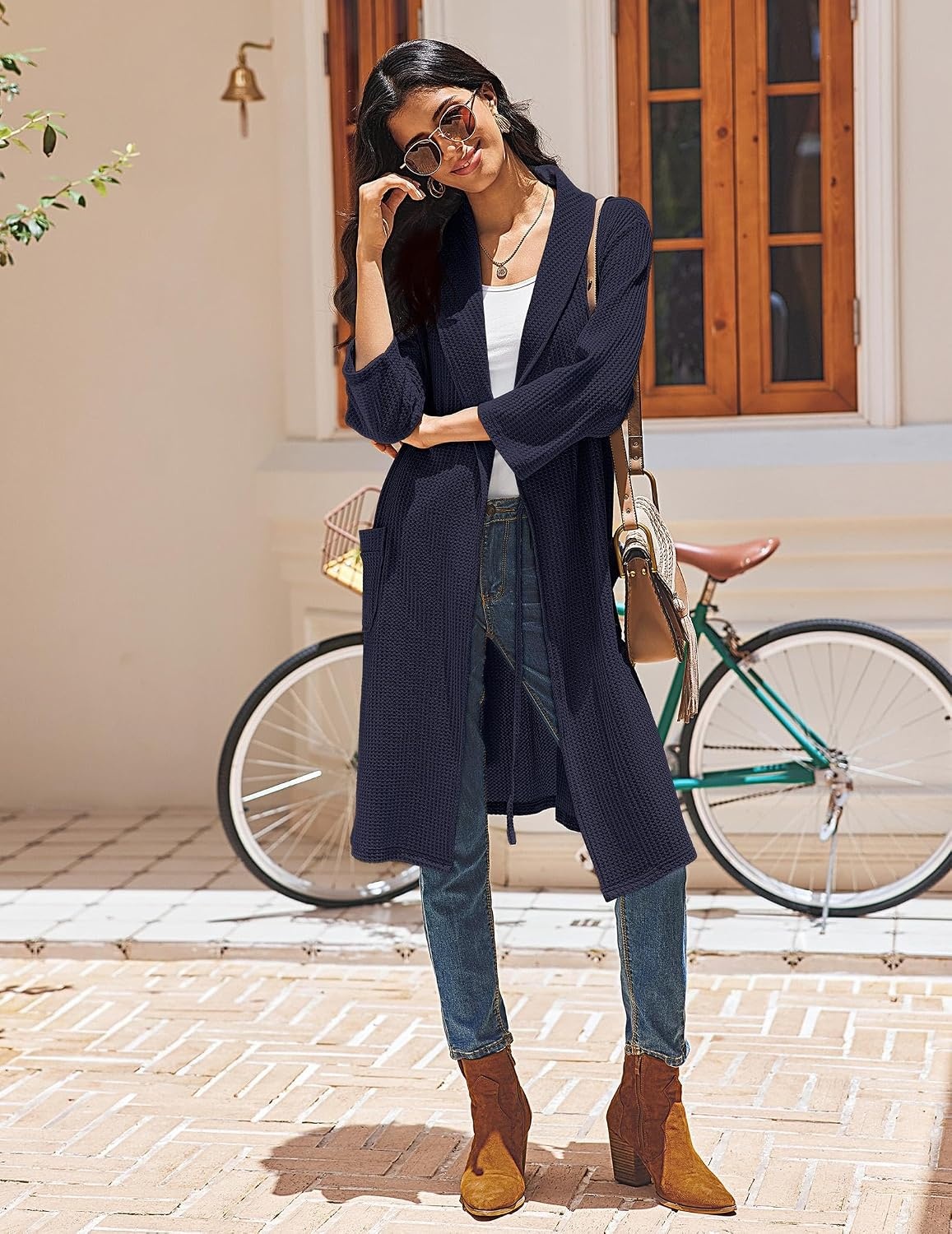 image:imageEkouaer Robes for Women Waffle Knit Kimono Bathrobe Loungewear with PocketsNavy Blue