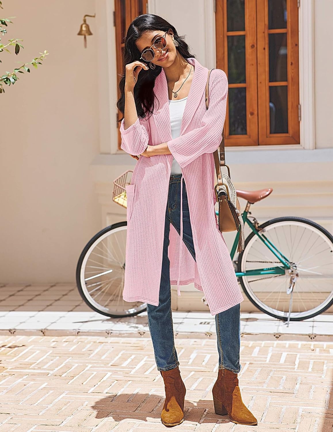 image:imageEkouaer Robes for Women Waffle Knit Kimono Bathrobe Loungewear with PocketsPink