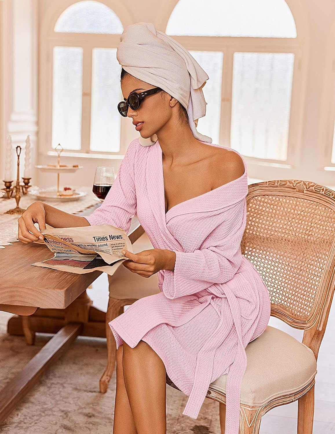 image:imageEkouaer Robes for Women Waffle Knit Kimono Bathrobe Loungewear with PocketsPink