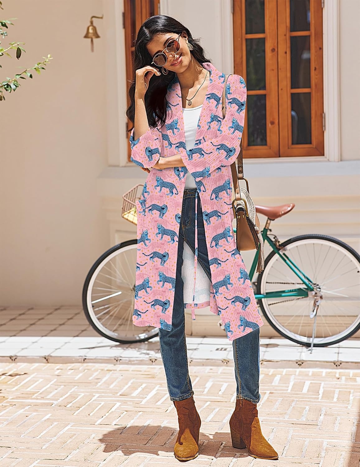 image:imageEkouaer Robes for Women Waffle Knit Kimono Bathrobe Loungewear with PocketsPink Leopard