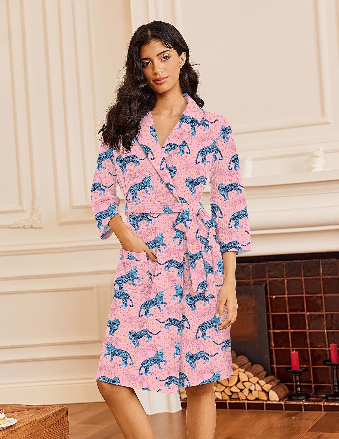 image:imageEkouaer Robes for Women Waffle Knit Kimono Bathrobe Loungewear with PocketsPink Leopard