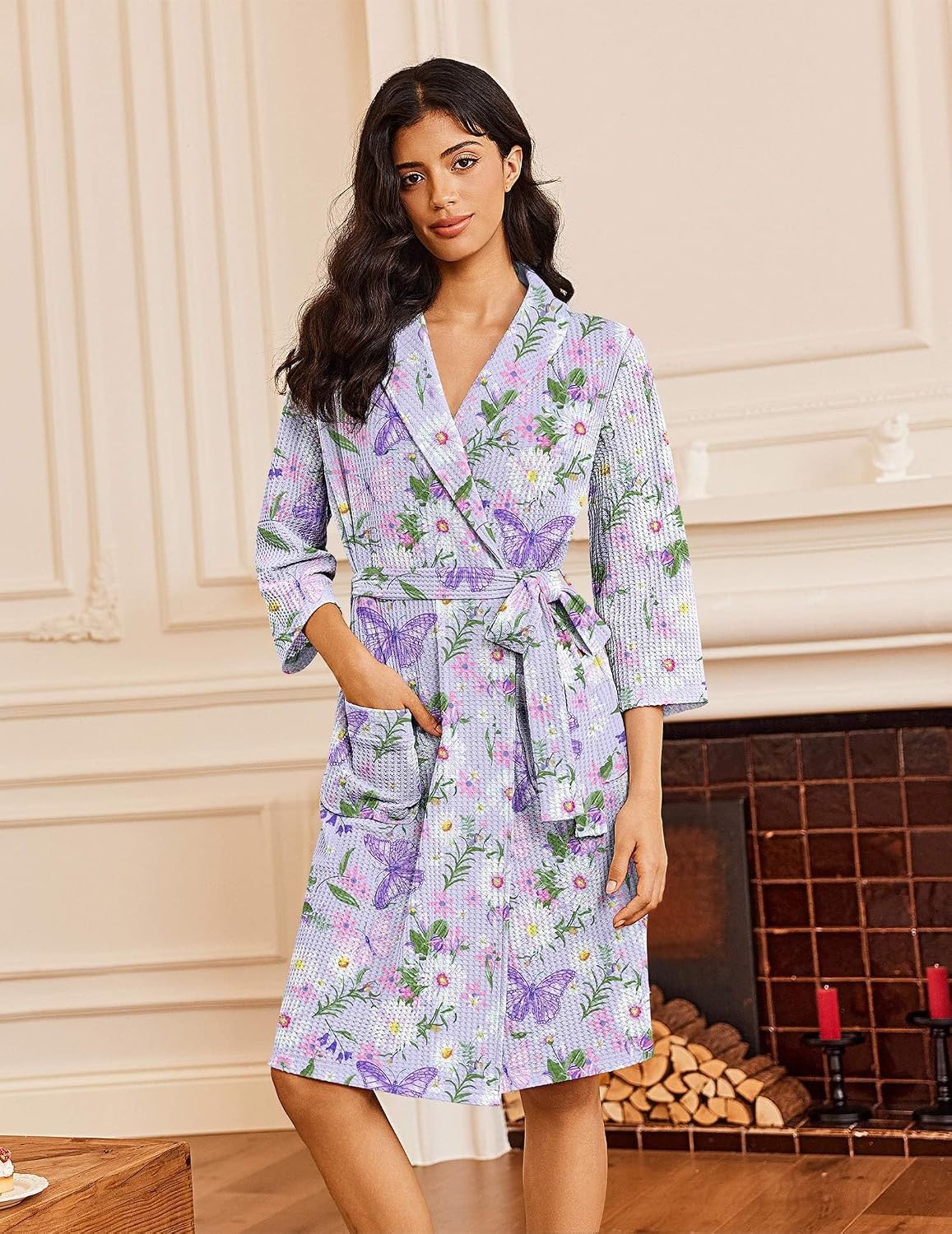 image:imageEkouaer Robes for Women Waffle Knit Kimono Bathrobe Loungewear with PocketsPurple Butterfly Floral