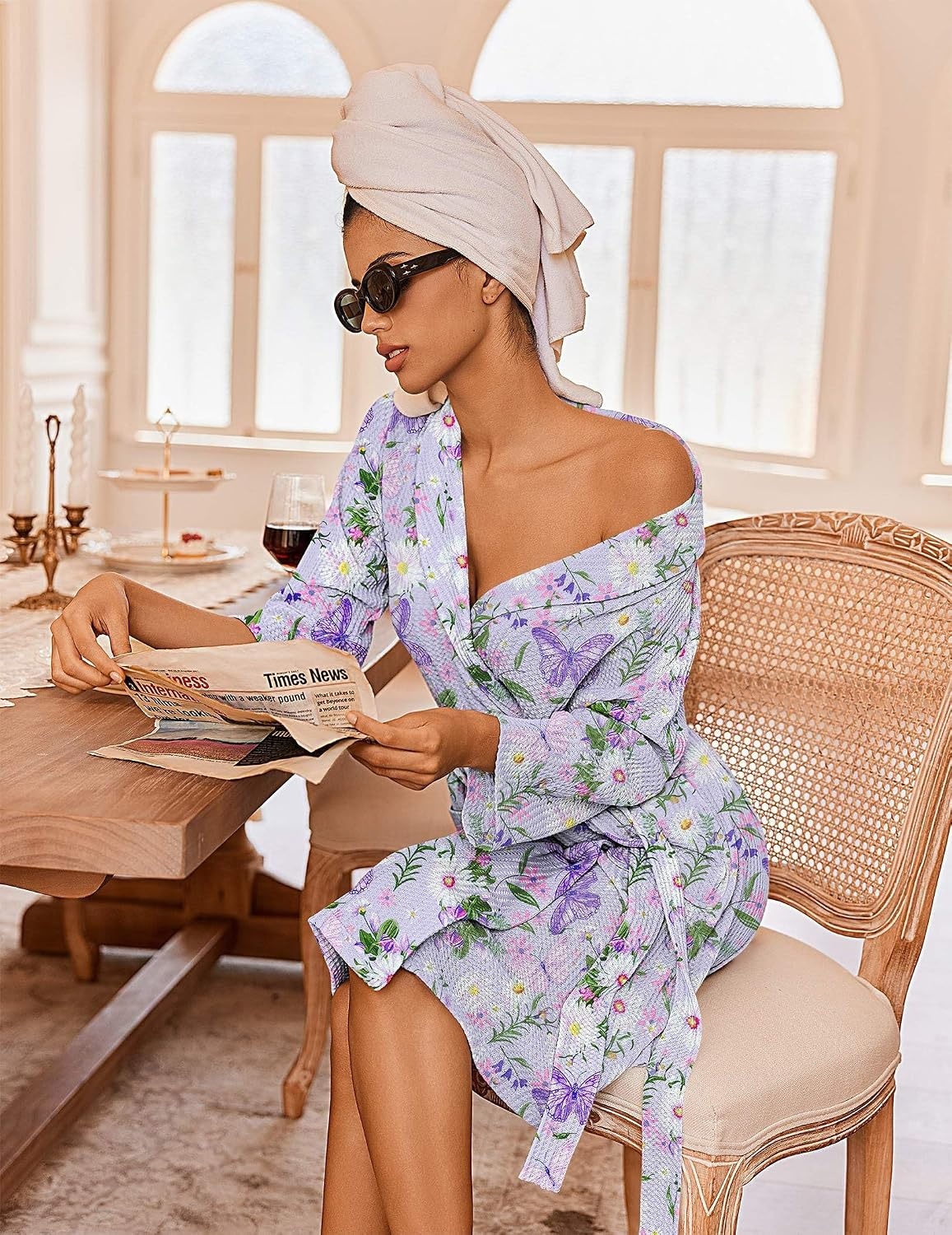 image:imageEkouaer Robes for Women Waffle Knit Kimono Bathrobe Loungewear with PocketsPurple Butterfly Floral