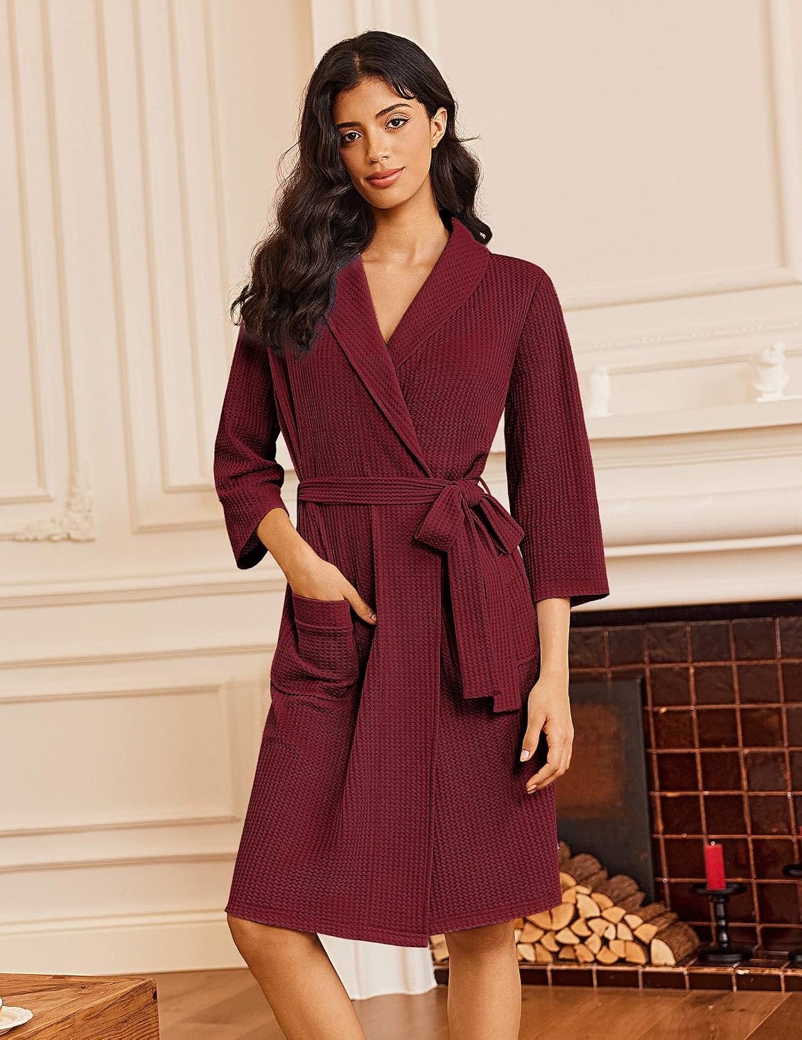 image:imageEkouaer Robes for Women Waffle Knit Kimono Bathrobe Loungewear with PocketsRed