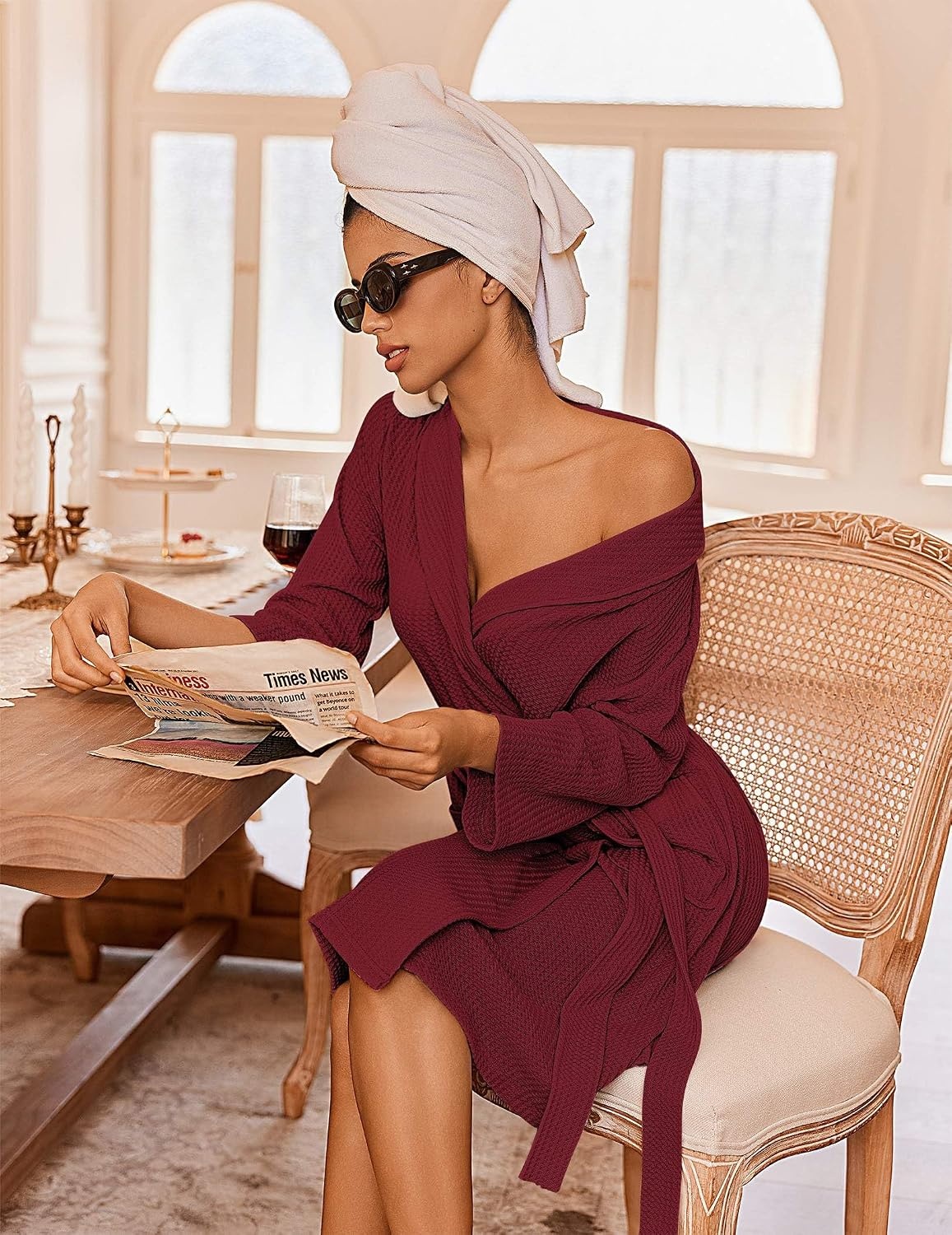 image:imageEkouaer Robes for Women Waffle Knit Kimono Bathrobe Loungewear with PocketsRed