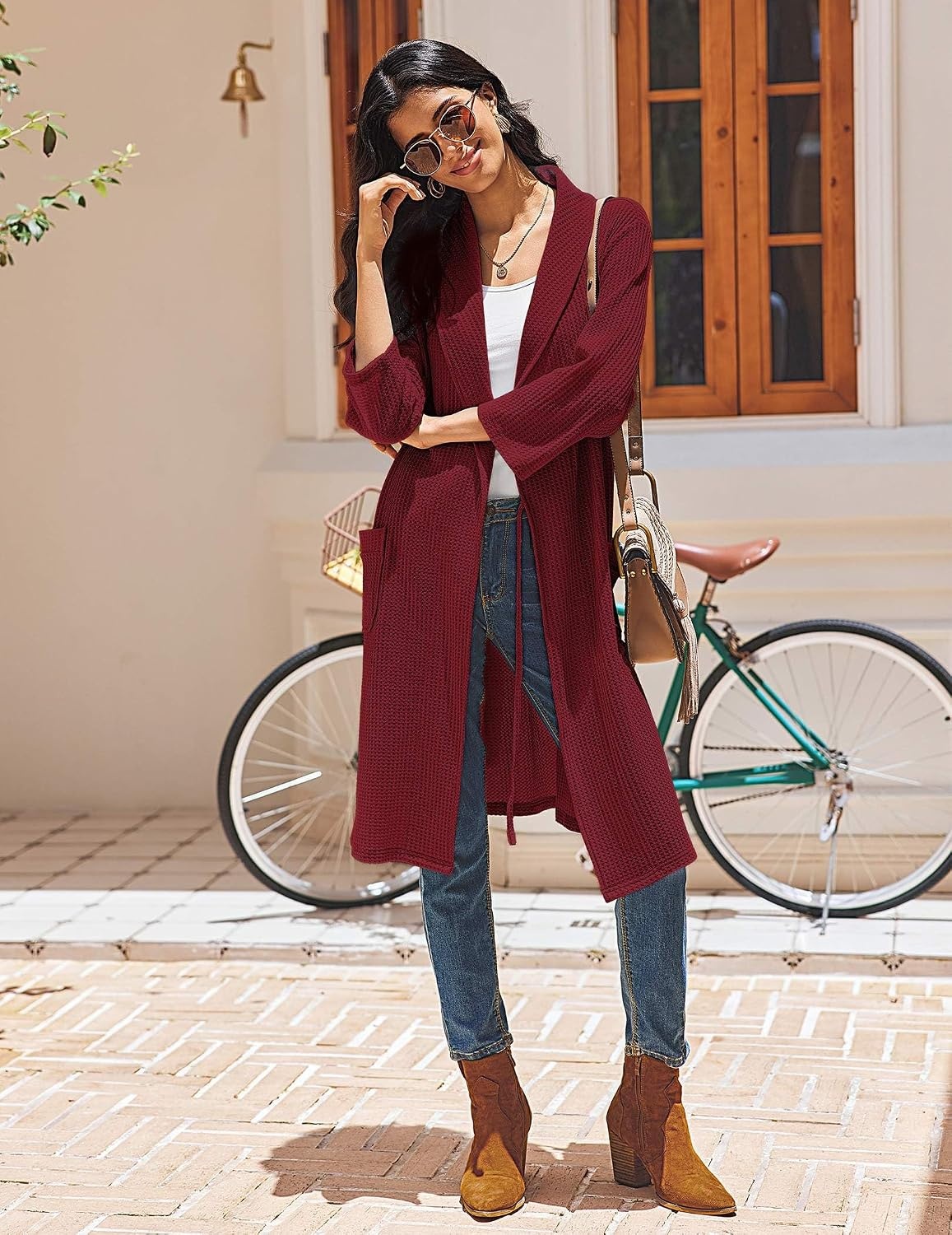 image:imageEkouaer Robes for Women Waffle Knit Kimono Bathrobe Loungewear with PocketsRed