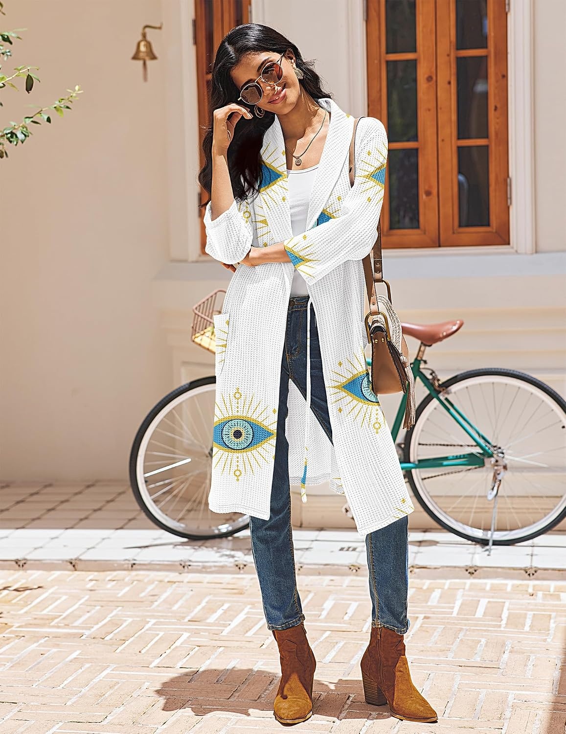 image:imageEkouaer Robes for Women Waffle Knit Kimono Bathrobe Loungewear with PocketsWhite Blue Eye Print