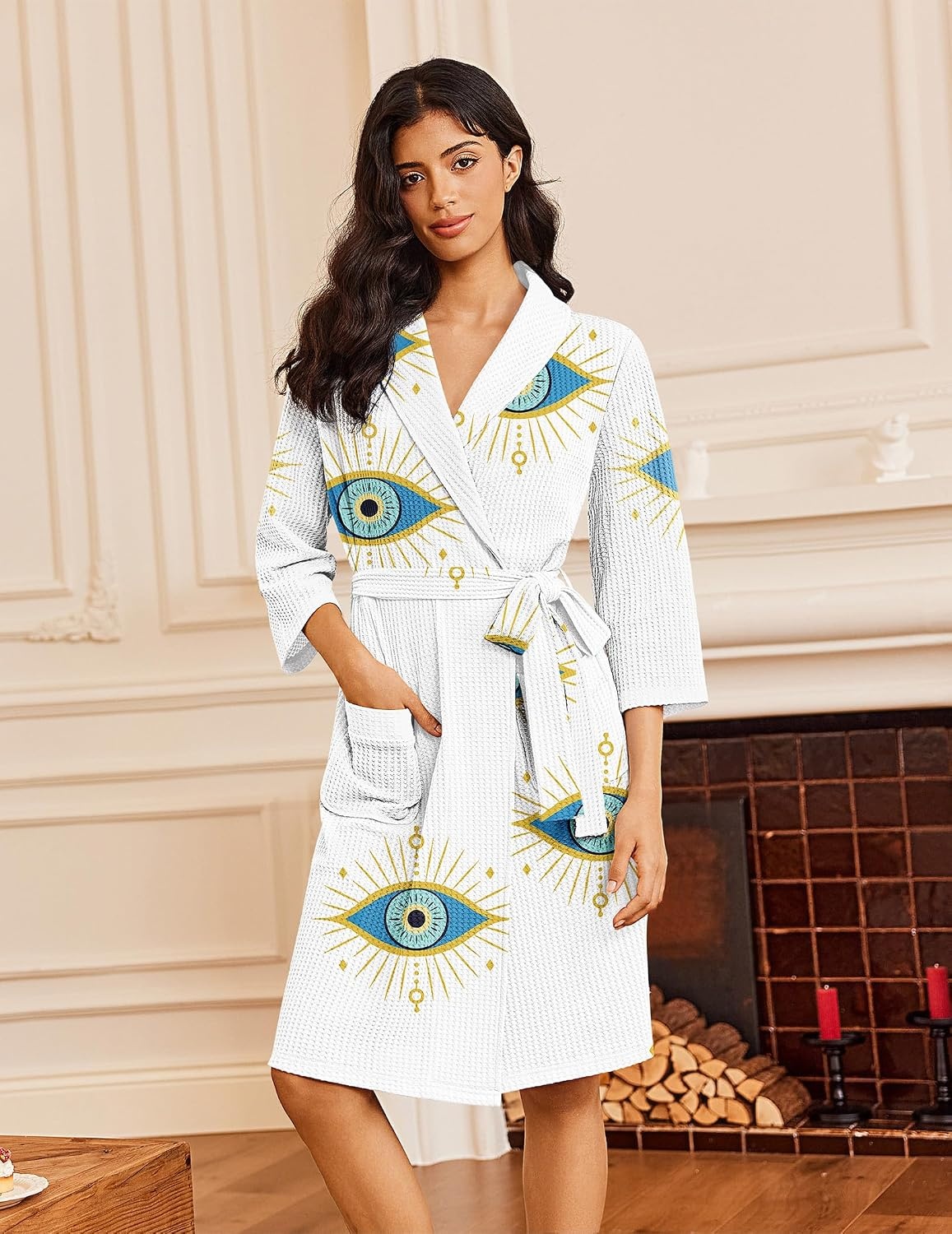 image:imageEkouaer Robes for Women Waffle Knit Kimono Bathrobe Loungewear with PocketsWhite Blue Eye Print