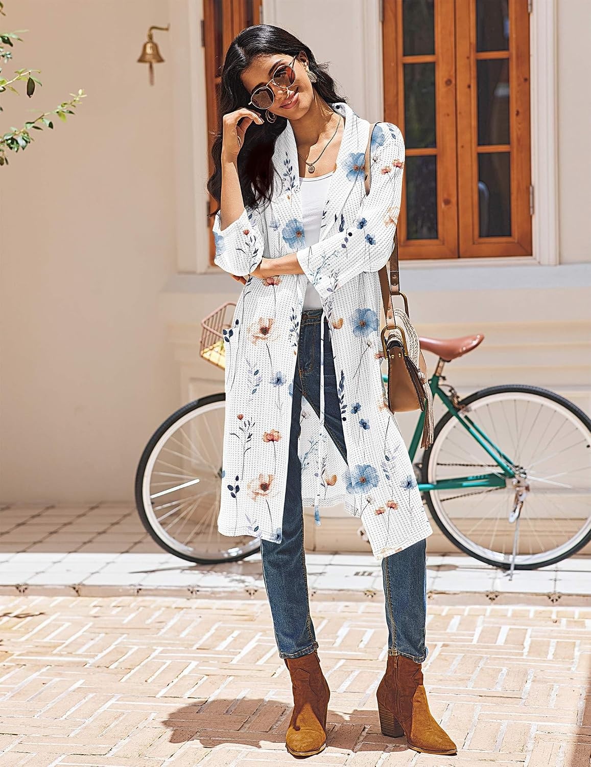image:imageEkouaer Robes for Women Waffle Knit Kimono Bathrobe Loungewear with PocketsWhite Blue Flowers