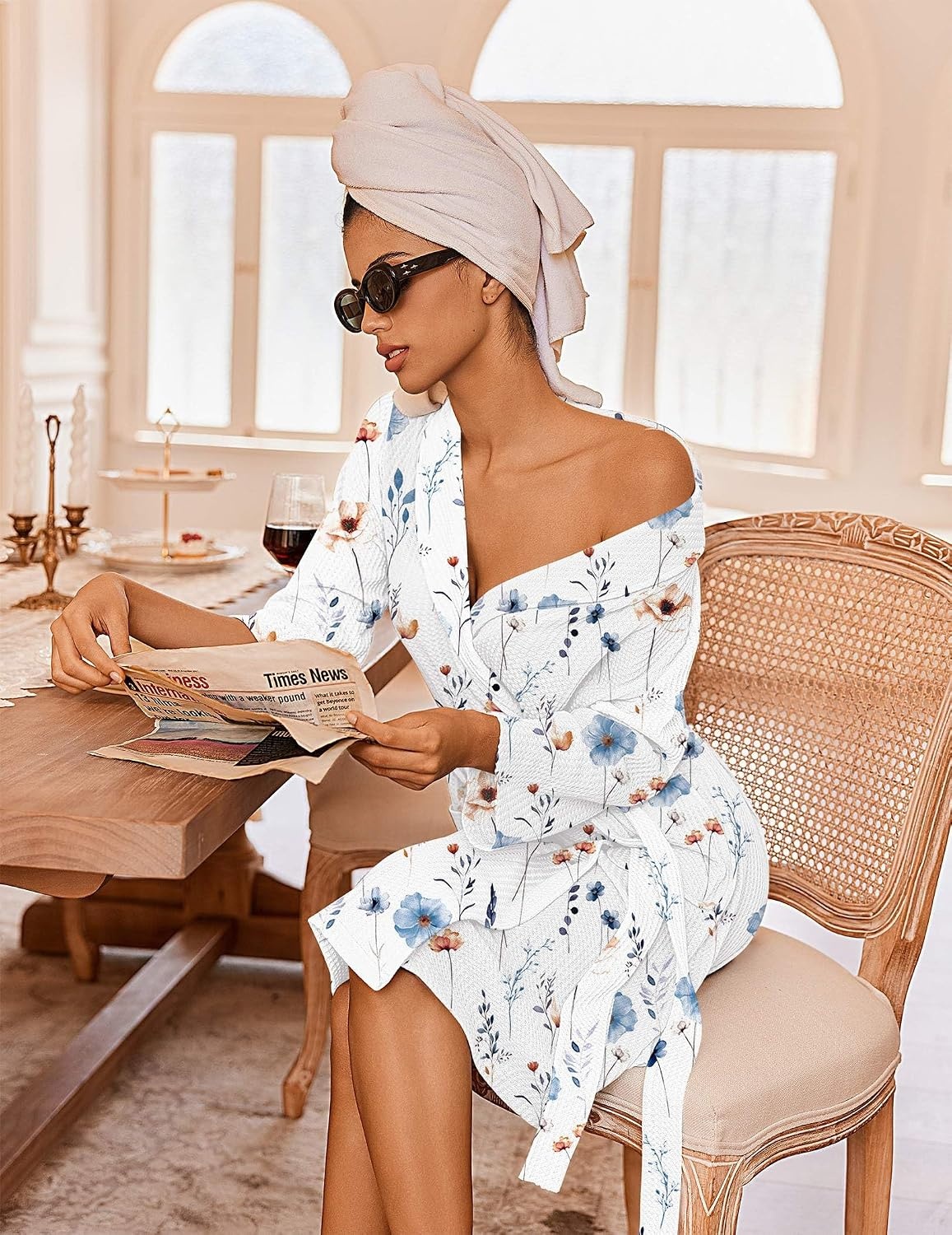 image:imageEkouaer Robes for Women Waffle Knit Kimono Bathrobe Loungewear with PocketsWhite Blue Flowers