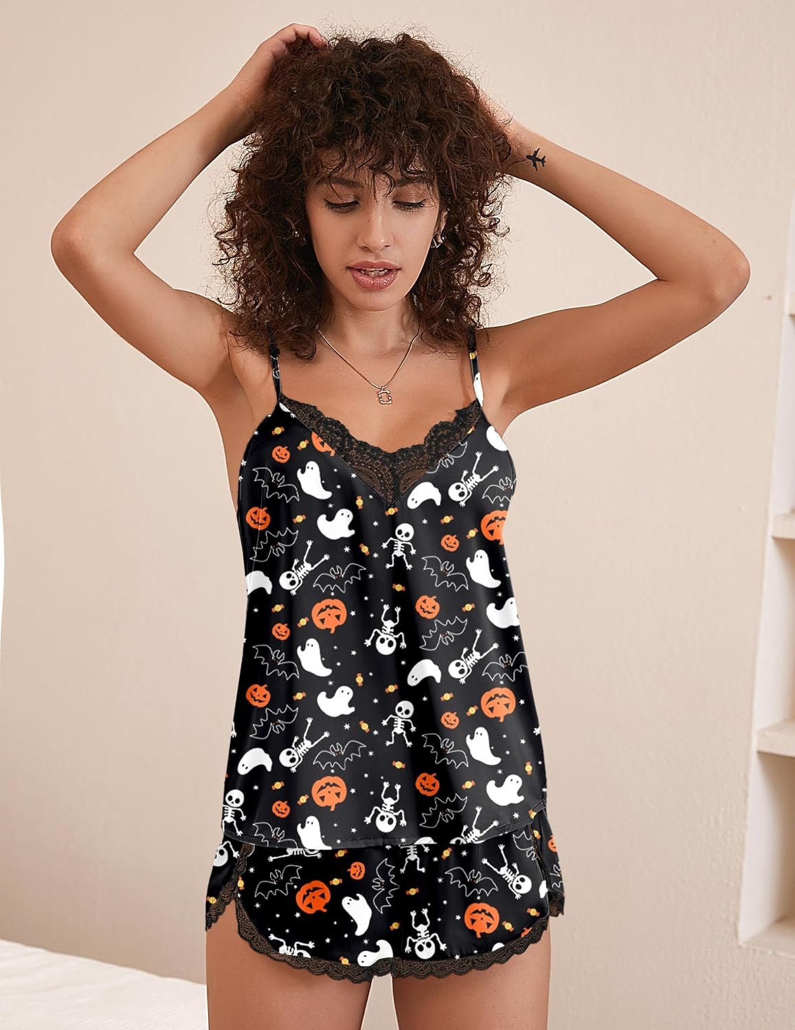 image:imageEkouaer Silk Pajama Set for Women 2 Piece Silky Lace Lingerie Shorts SetHalloween2