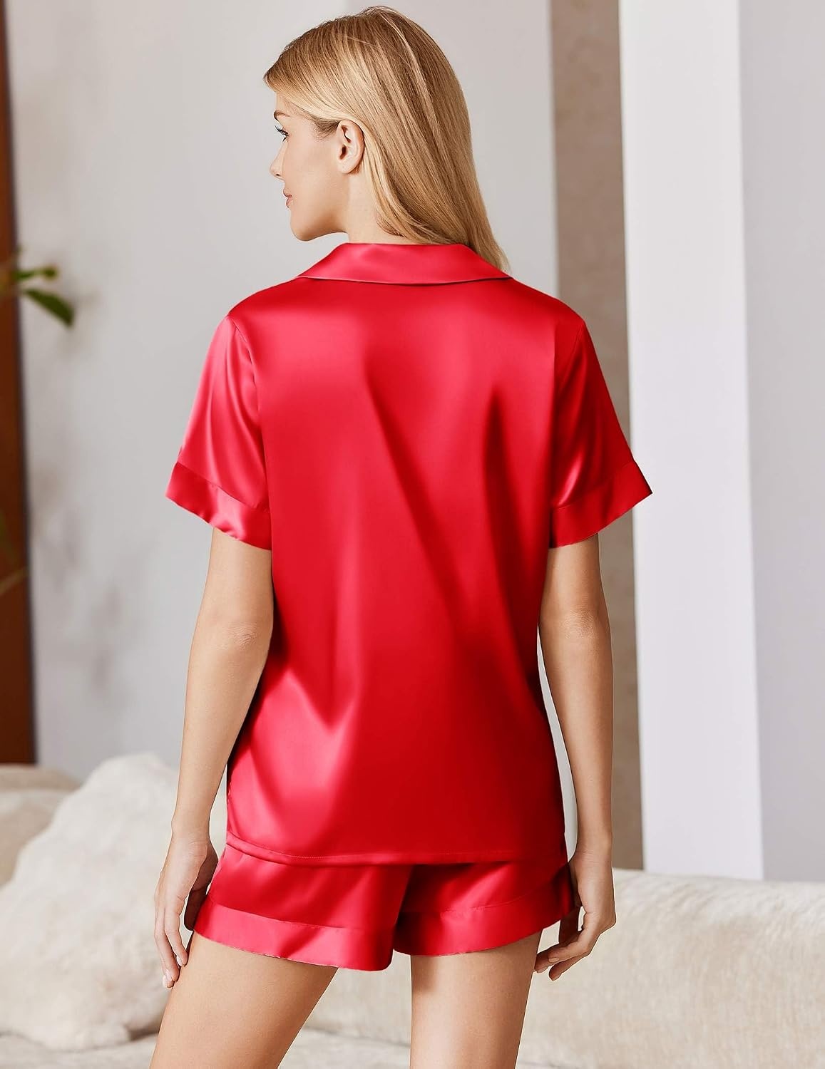 image:imageEkouaer Silk Pajamas for Women Short Sleeve Button Down Satin Pj Shorts SetRed