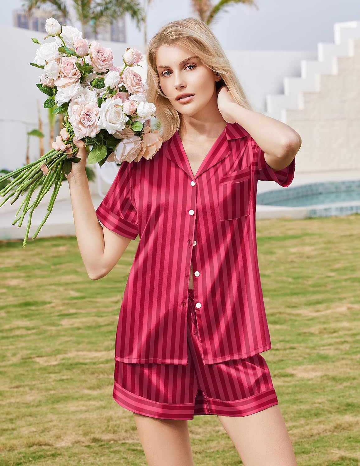 image:imageEkouaer Silk Pajamas for Women Short Sleeve Button Down Satin Pj Shorts SetRed Striped
