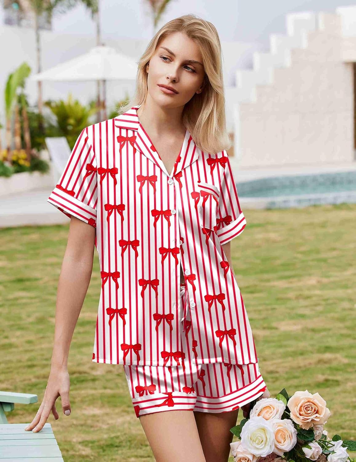 image:imageEkouaer Silk Pajamas for Women Short Sleeve Button Down Satin Pj Shorts SetStriped Red Bow