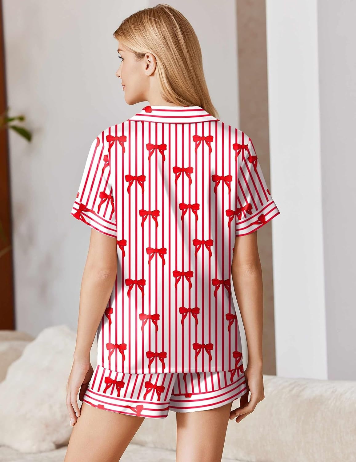 image:imageEkouaer Silk Pajamas for Women Short Sleeve Button Down Satin Pj Shorts SetStriped Red Bow