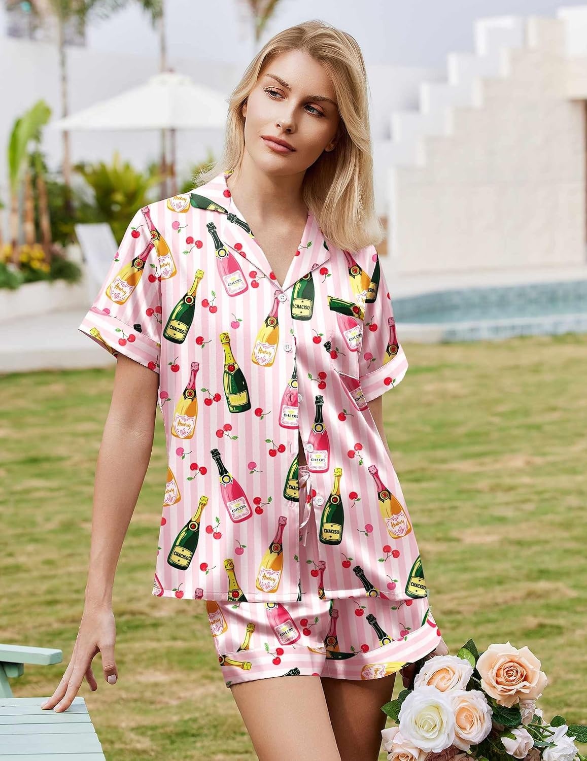 image:imageEkouaer Silk Pajamas for Women Short Sleeve Button Down Satin Pj Shorts SetStriped Wine Bottle