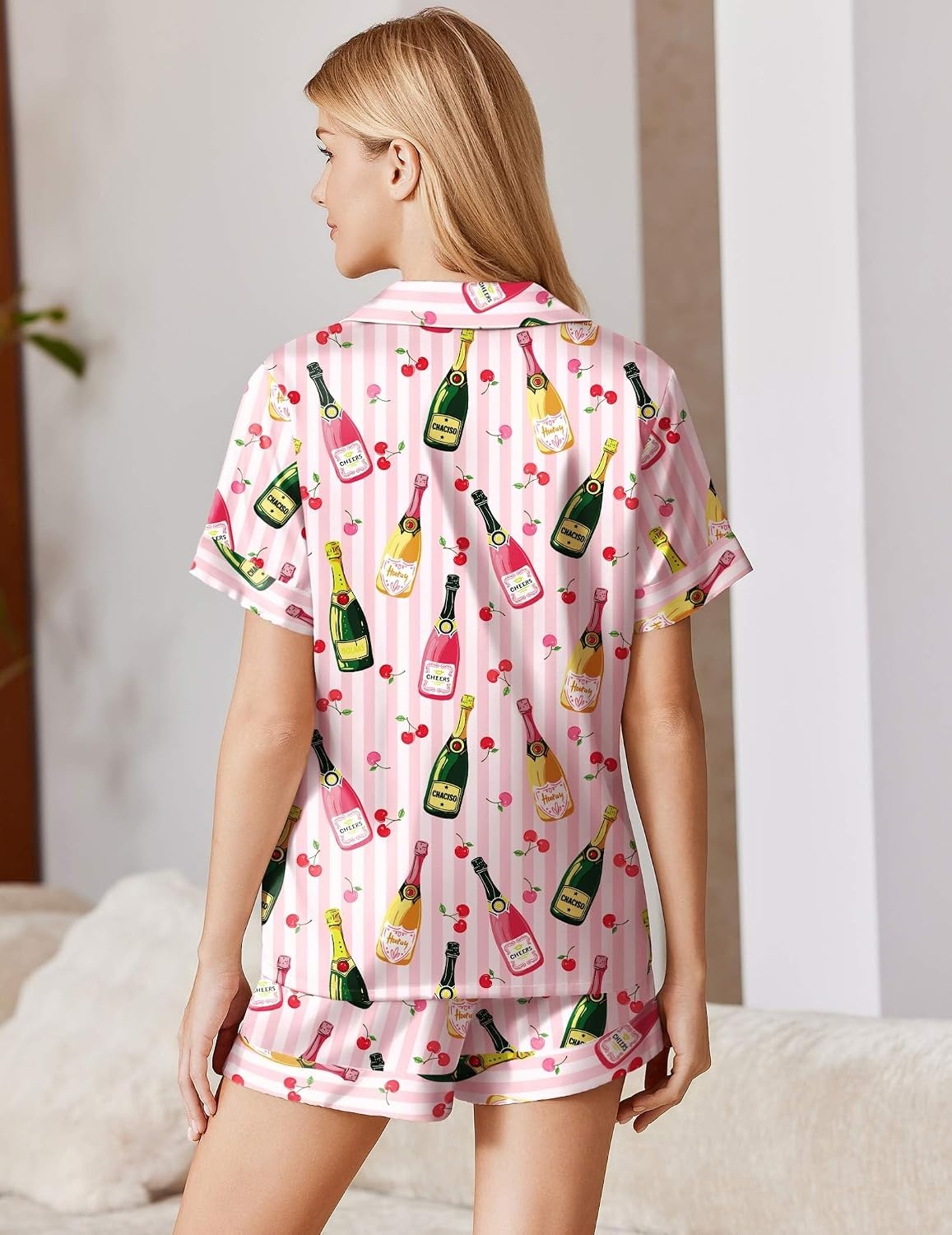 image:imageEkouaer Silk Pajamas for Women Short Sleeve Button Down Satin Pj Shorts SetStriped Wine Bottle