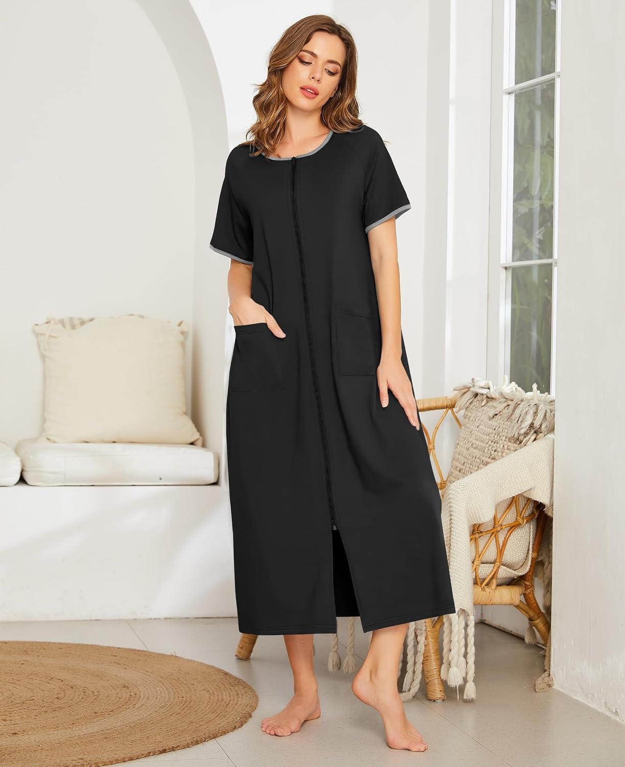image:imageEkouaer Women Robe Zipper Short Sleeves Full Length House Coat with PocketsBblack