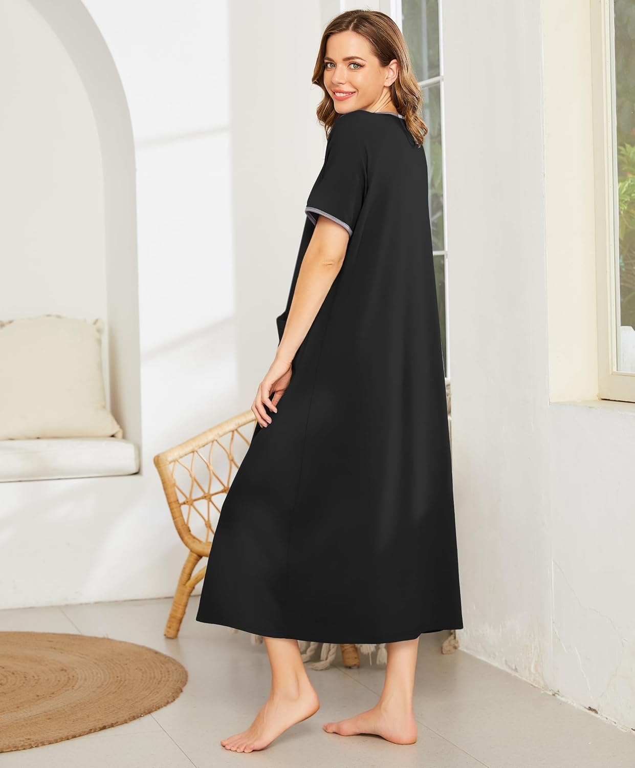 image:imageEkouaer Women Robe Zipper Short Sleeves Full Length House Coat with PocketsBblack
