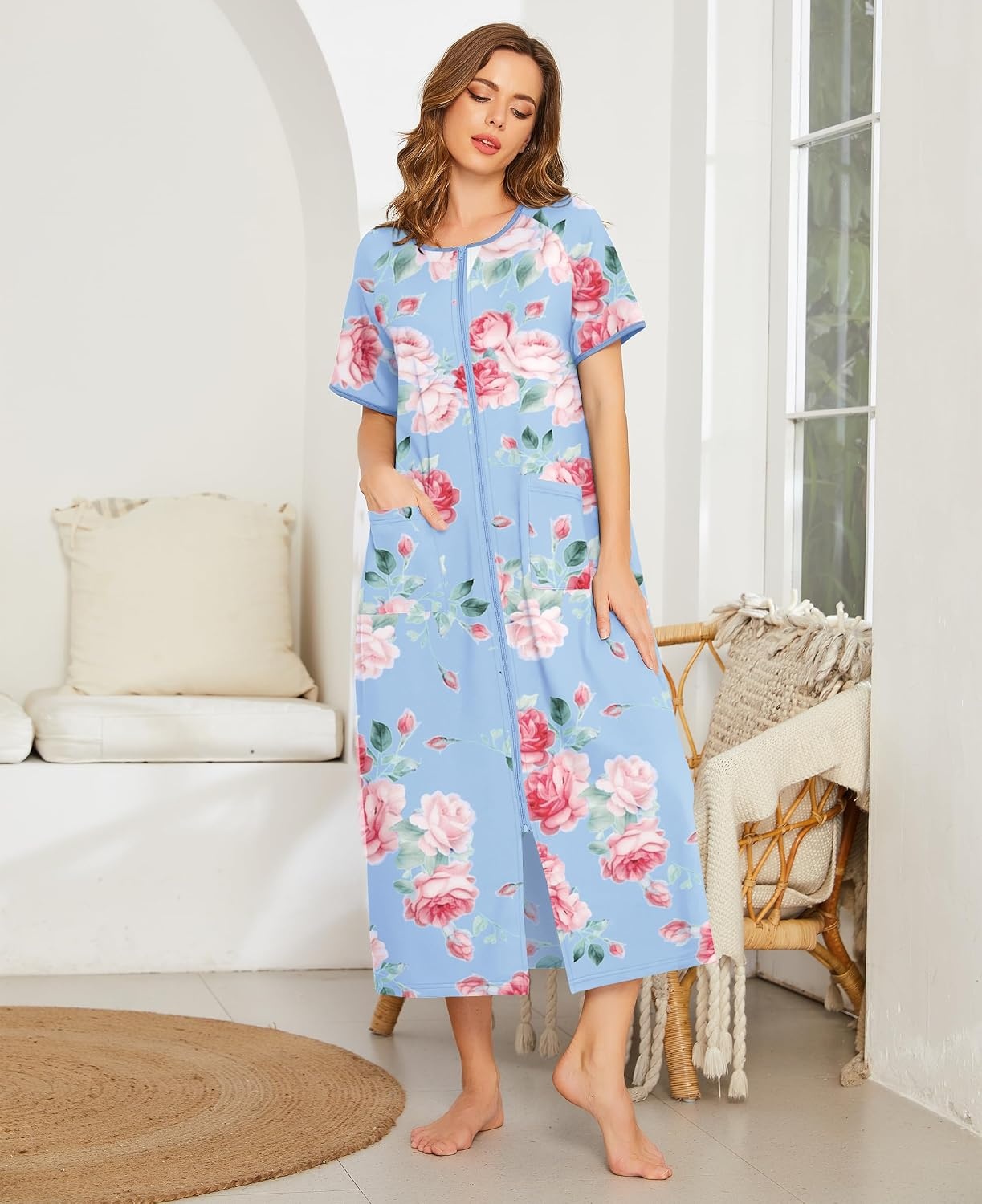 image:imageEkouaer Women Robe Zipper Short Sleeves Full Length House Coat with PocketsBblue Fower