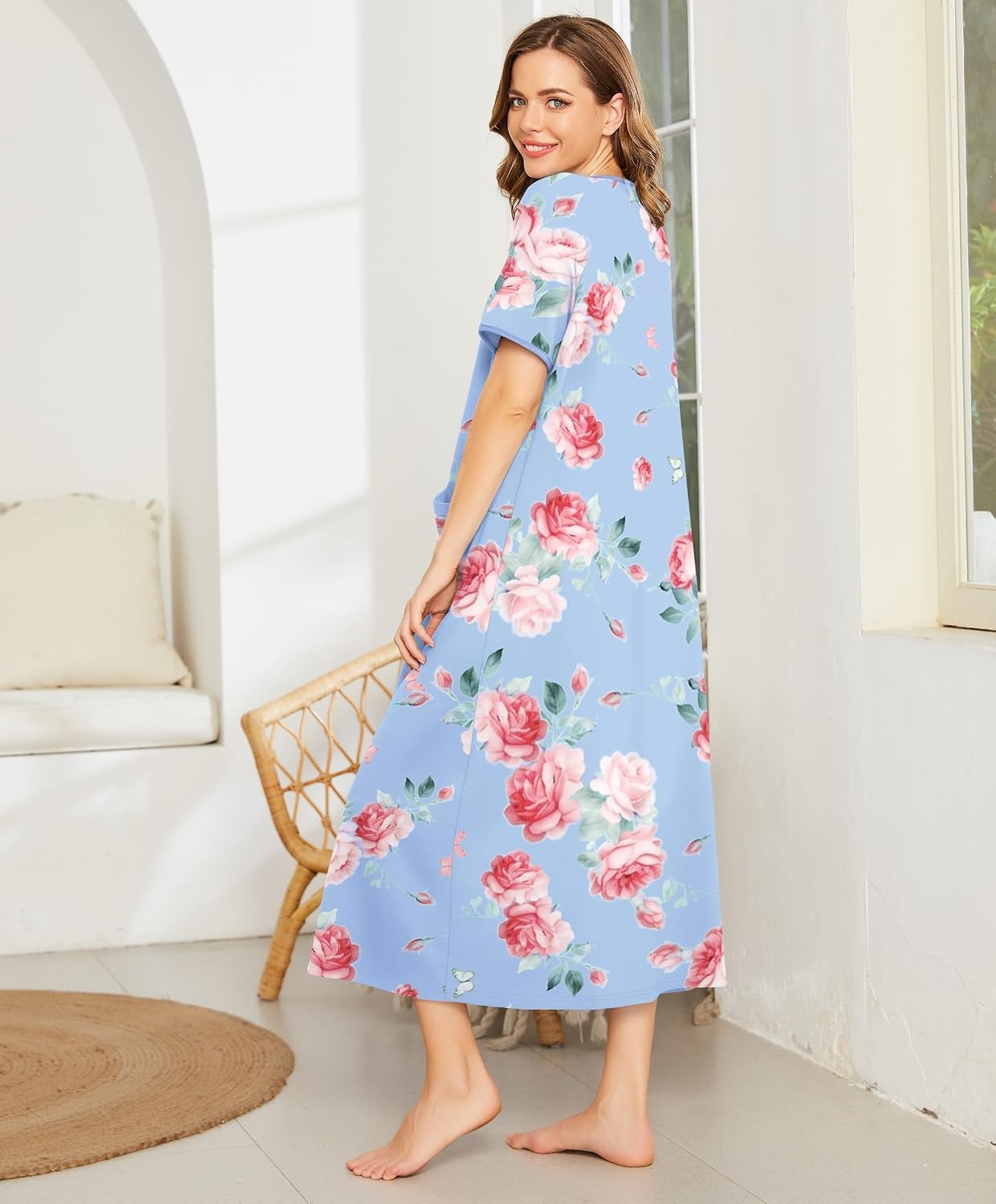 image:imageEkouaer Women Robe Zipper Short Sleeves Full Length House Coat with PocketsBblue Fower