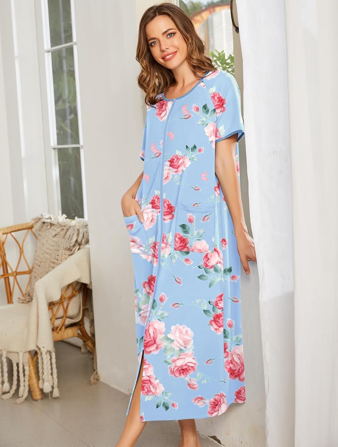 image:imageEkouaer Women Robe Zipper Short Sleeves Full Length House Coat with PocketsBblue Fower