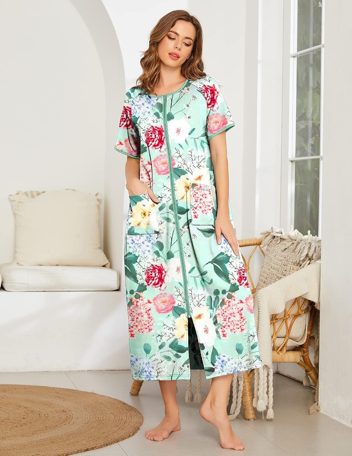 image:imageEkouaer Women Robe Zipper Short Sleeves Full Length House Coat with PocketsBgreen Flower
