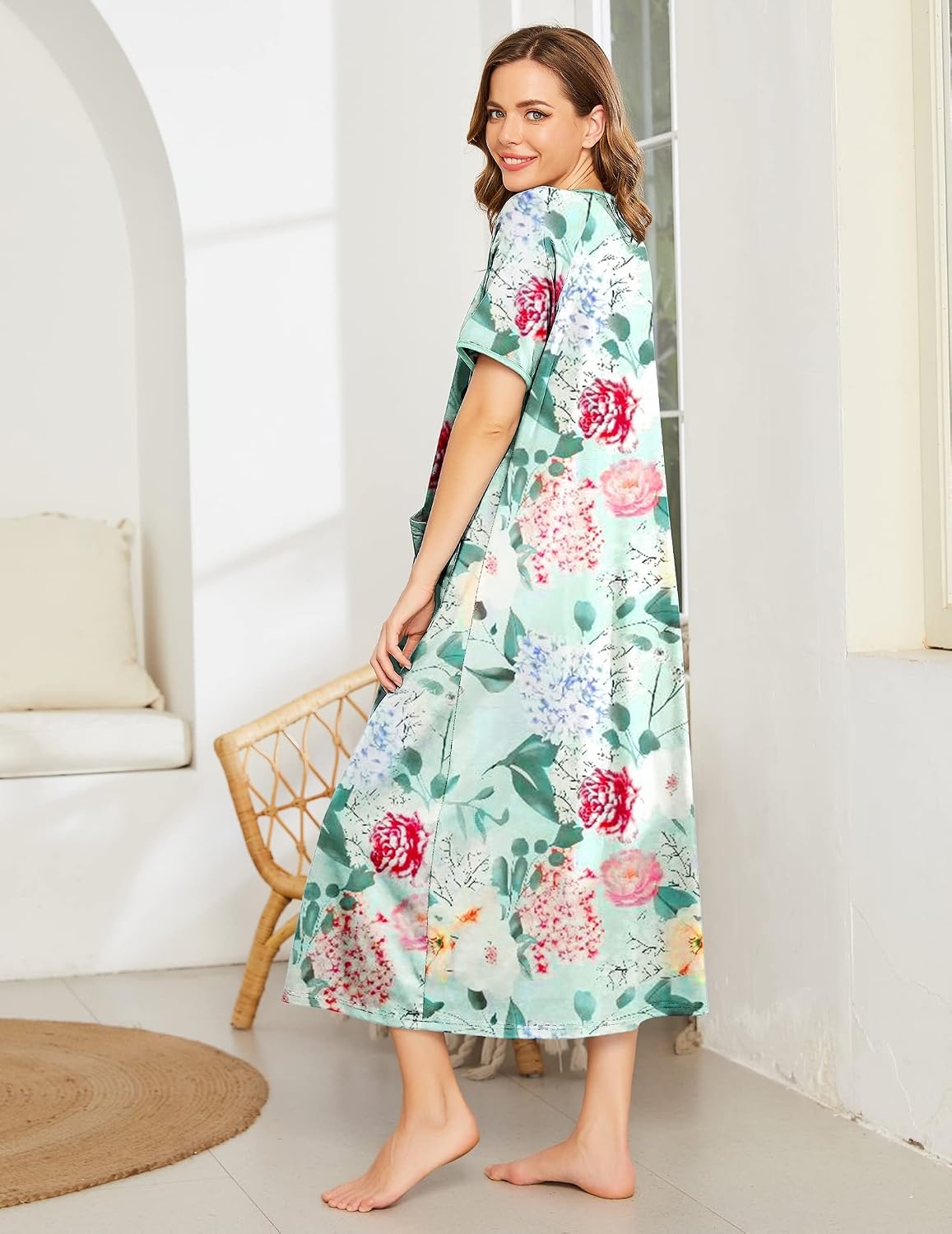 image:imageEkouaer Women Robe Zipper Short Sleeves Full Length House Coat with PocketsBgreen Flower