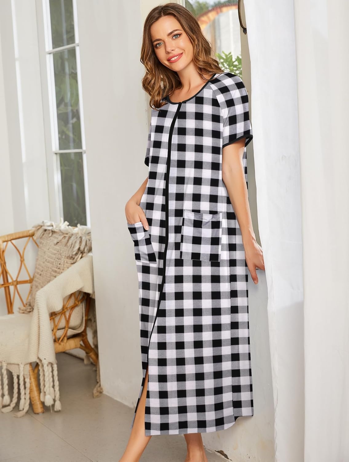 image:imageEkouaer Women Robe Zipper Short Sleeves Full Length House Coat with PocketsBlack Plaid