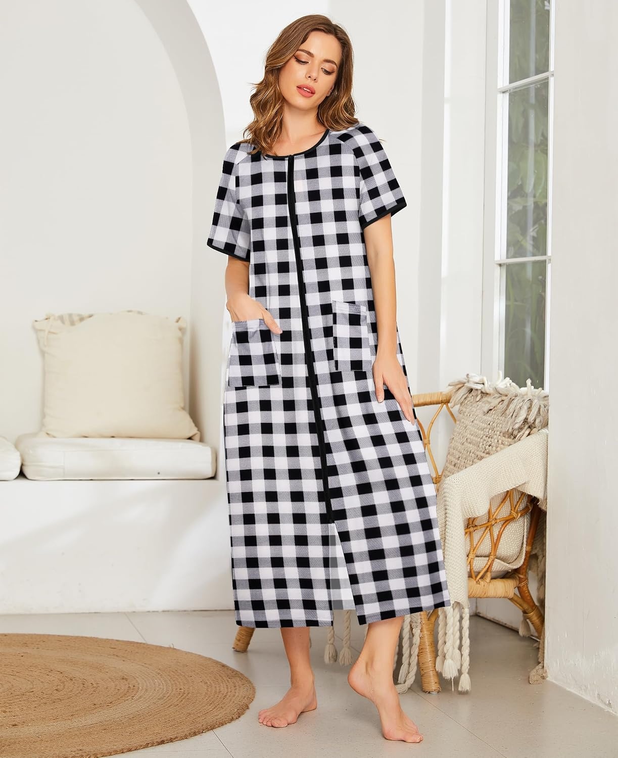 image:imageEkouaer Women Robe Zipper Short Sleeves Full Length House Coat with PocketsBlack Plaid