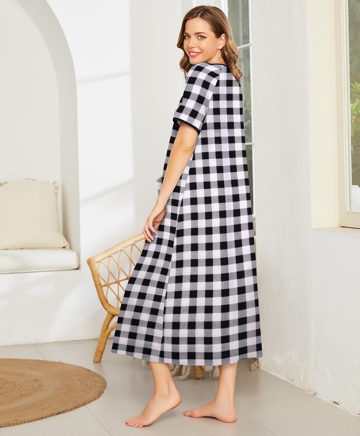image:imageEkouaer Women Robe Zipper Short Sleeves Full Length House Coat with PocketsBlack Plaid