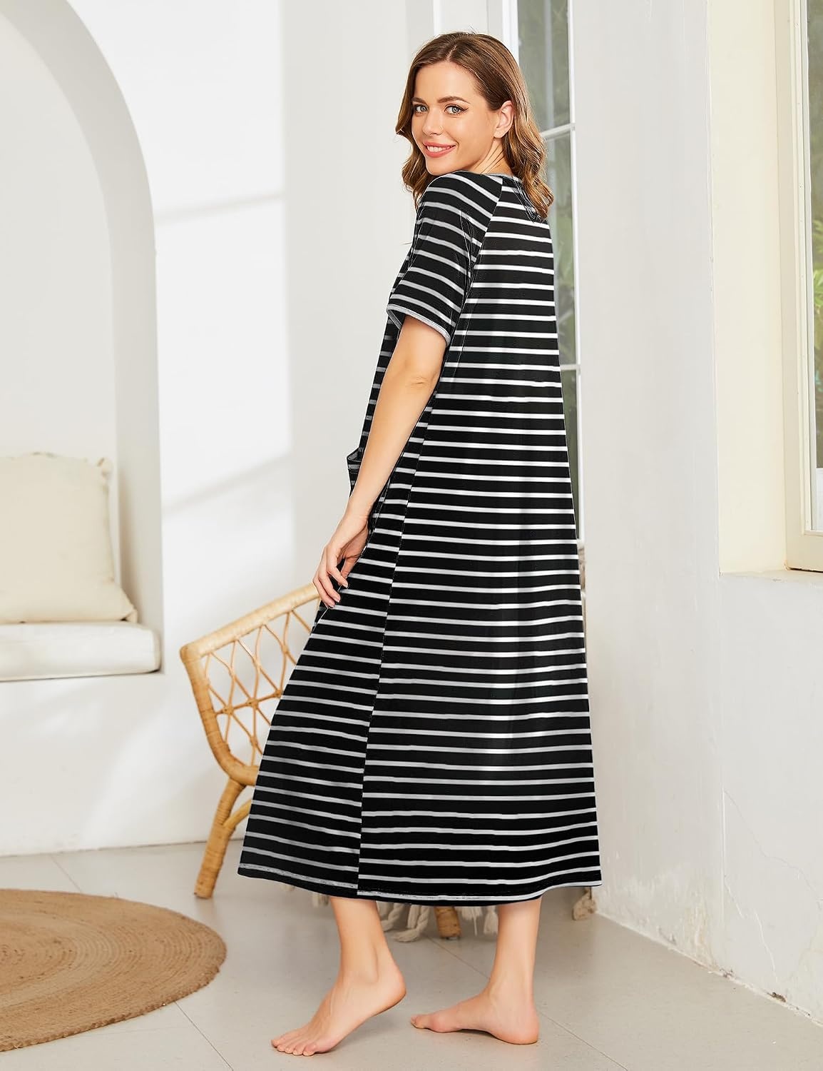image:imageEkouaer Women Robe Zipper Short Sleeves Full Length House Coat with PocketsBlack Stripes