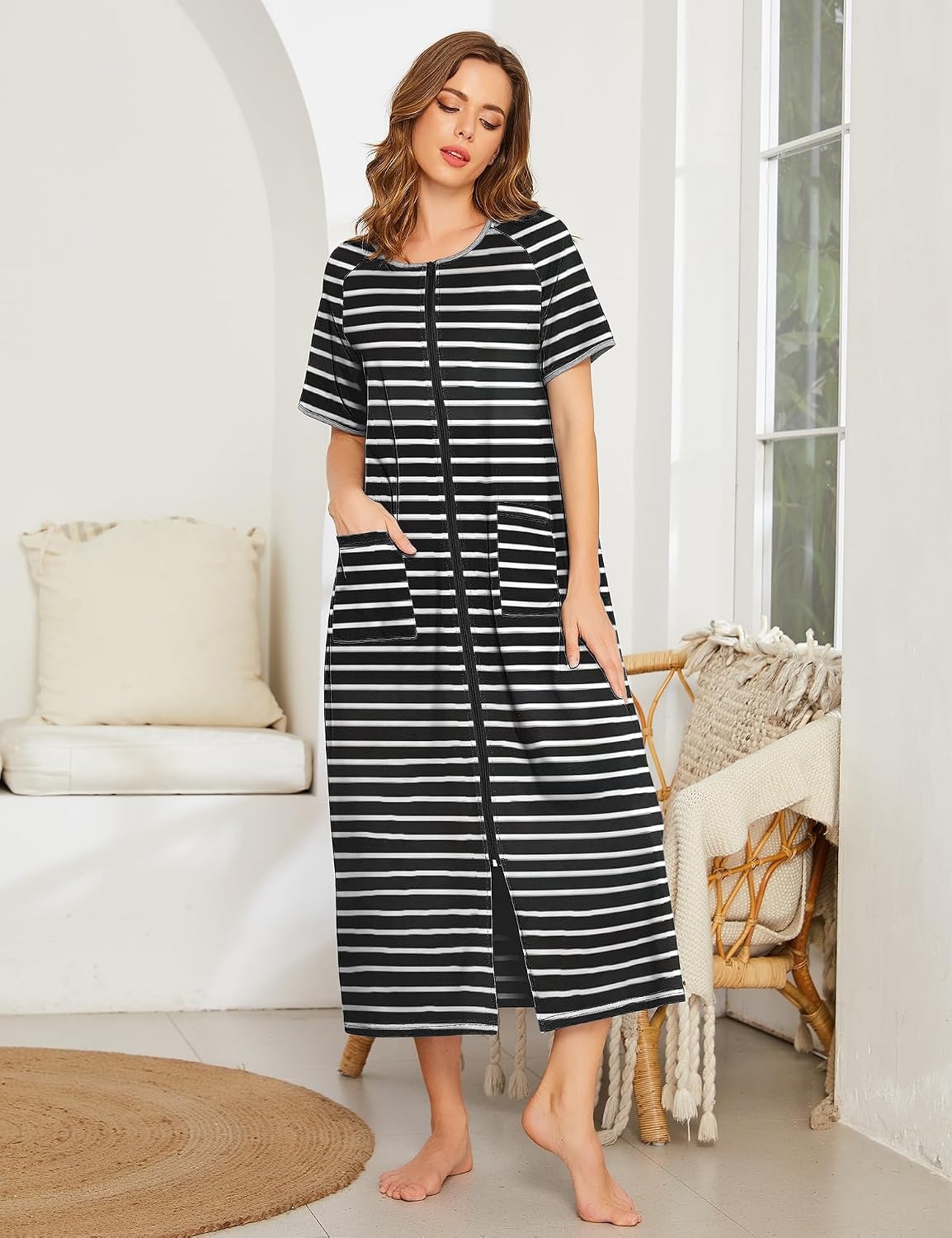 image:imageEkouaer Women Robe Zipper Short Sleeves Full Length House Coat with PocketsBlack Stripes