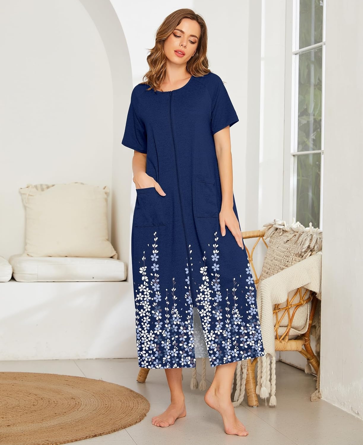 image:imageEkouaer Women Robe Zipper Short Sleeves Full Length House Coat with PocketsBlue Floral Silhouette