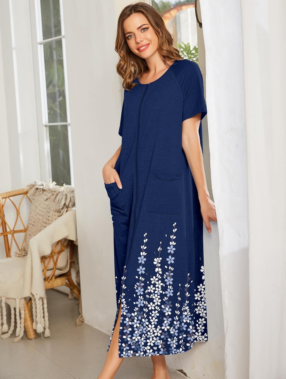 image:imageEkouaer Women Robe Zipper Short Sleeves Full Length House Coat with PocketsBlue Floral Silhouette