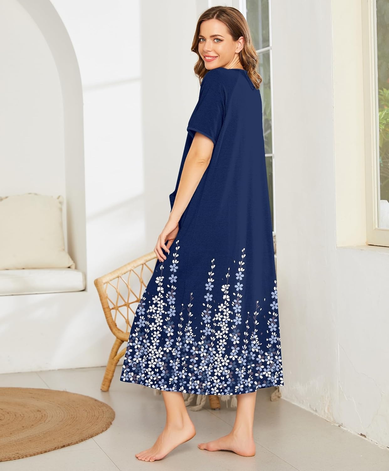image:imageEkouaer Women Robe Zipper Short Sleeves Full Length House Coat with PocketsBlue Floral Silhouette