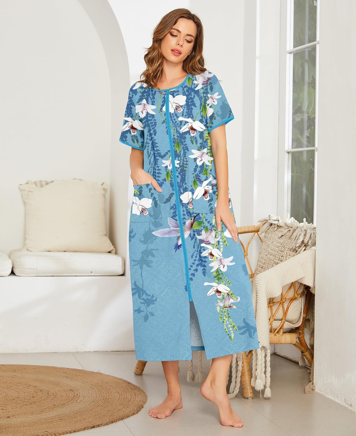 image:imageEkouaer Women Robe Zipper Short Sleeves Full Length House Coat with PocketsBlue Gradient Florals