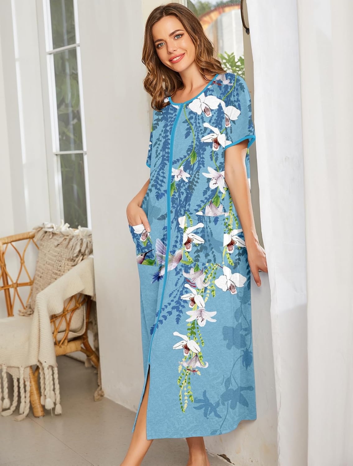 image:imageEkouaer Women Robe Zipper Short Sleeves Full Length House Coat with PocketsBlue Gradient Florals