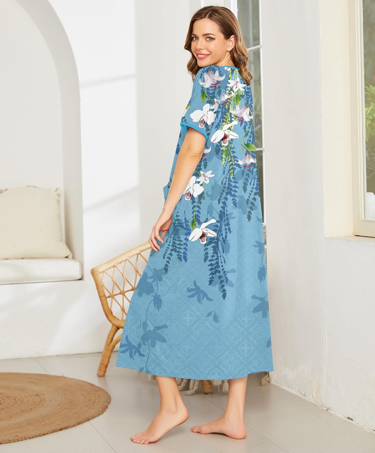 image:imageEkouaer Women Robe Zipper Short Sleeves Full Length House Coat with PocketsBlue Gradient Florals