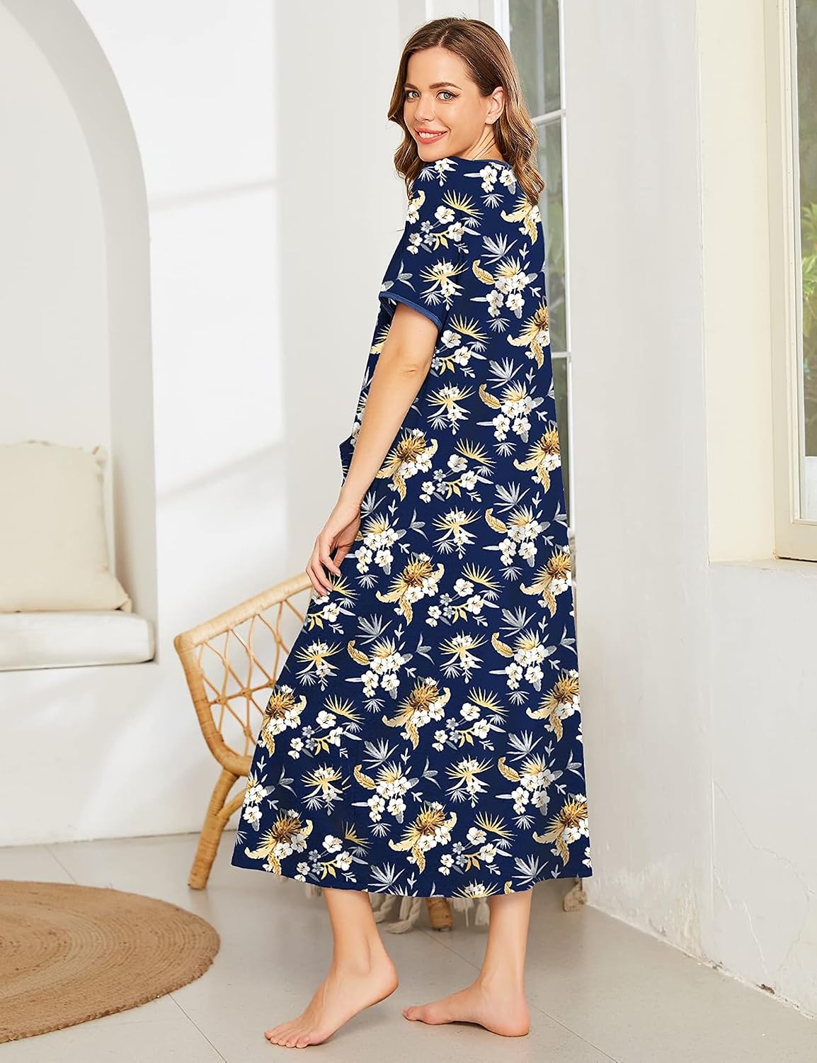 image:imageEkouaer Women Robe Zipper Short Sleeves Full Length House Coat with PocketsCyellow Flower