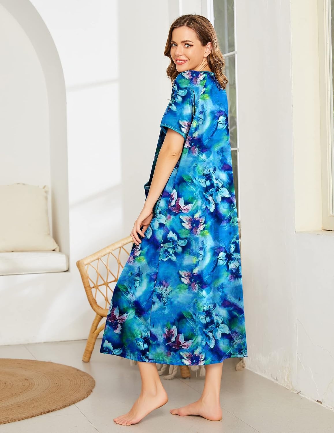 image:imageEkouaer Women Robe Zipper Short Sleeves Full Length House Coat with PocketsDark Blue Fower